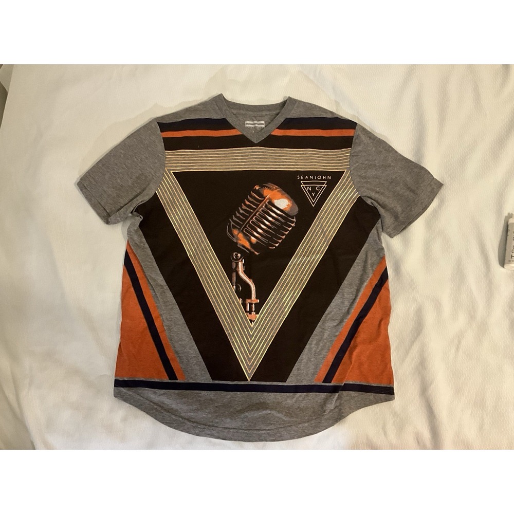 Sean John Shirt Large Gray Brown P.Diddy Music Microphone Center Graphic Mens